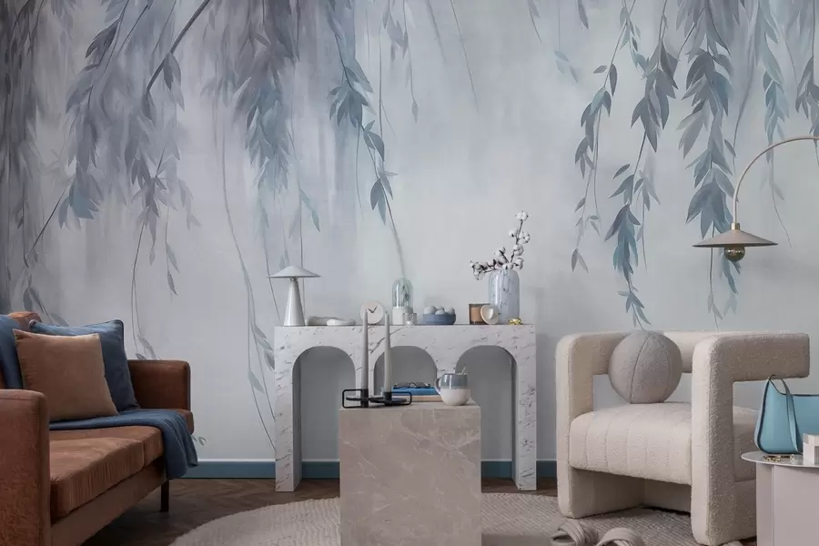 wall murals Гране врбе са бледоплавим листовима које висе на пригушеној позадини у акварелном стилу w09893v2