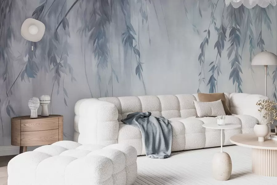 wall murals Гране врбе са бледоплавим листовима које висе на пригушеној позадини у акварелном стилу w09893v2