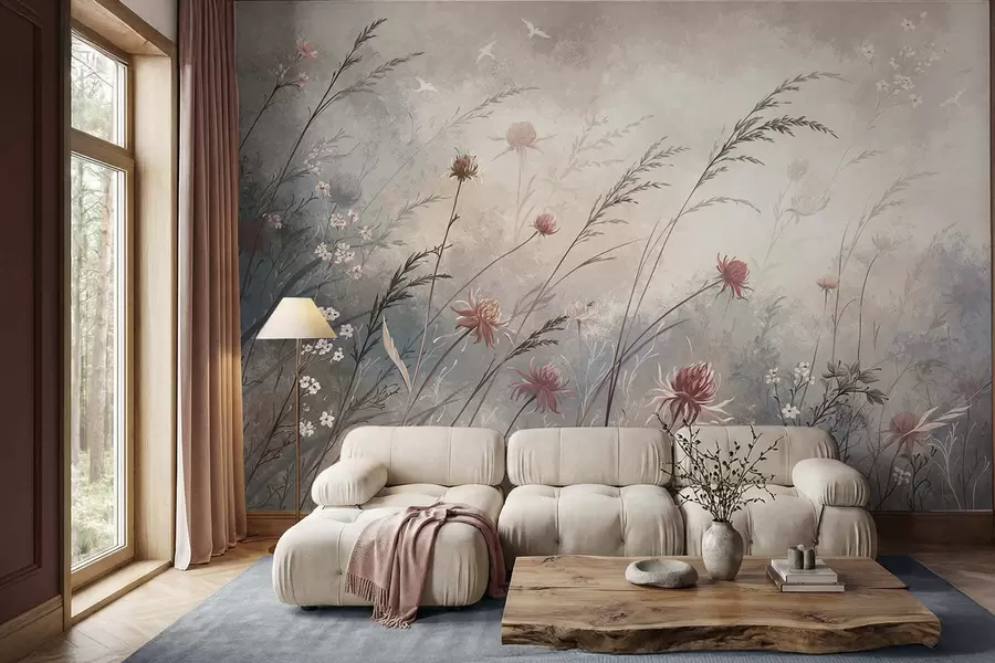 wall murals Нежно дивље цвеће у магловитом пастелном пејзажу w05538