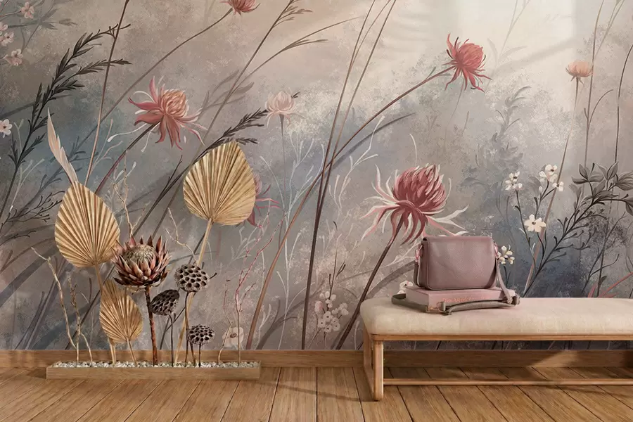 wall murals Нежно дивље цвеће у магловитом пастелном пејзажу w05538