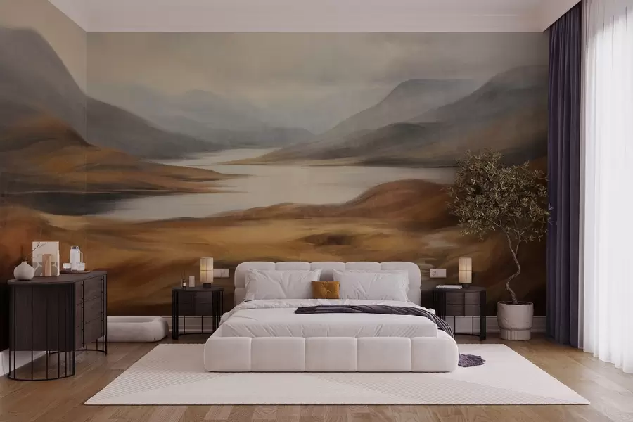 wall murals Текстурирани пејзаж, језеро окружено брдима и планинама под облачним небом са сувом травом w09756