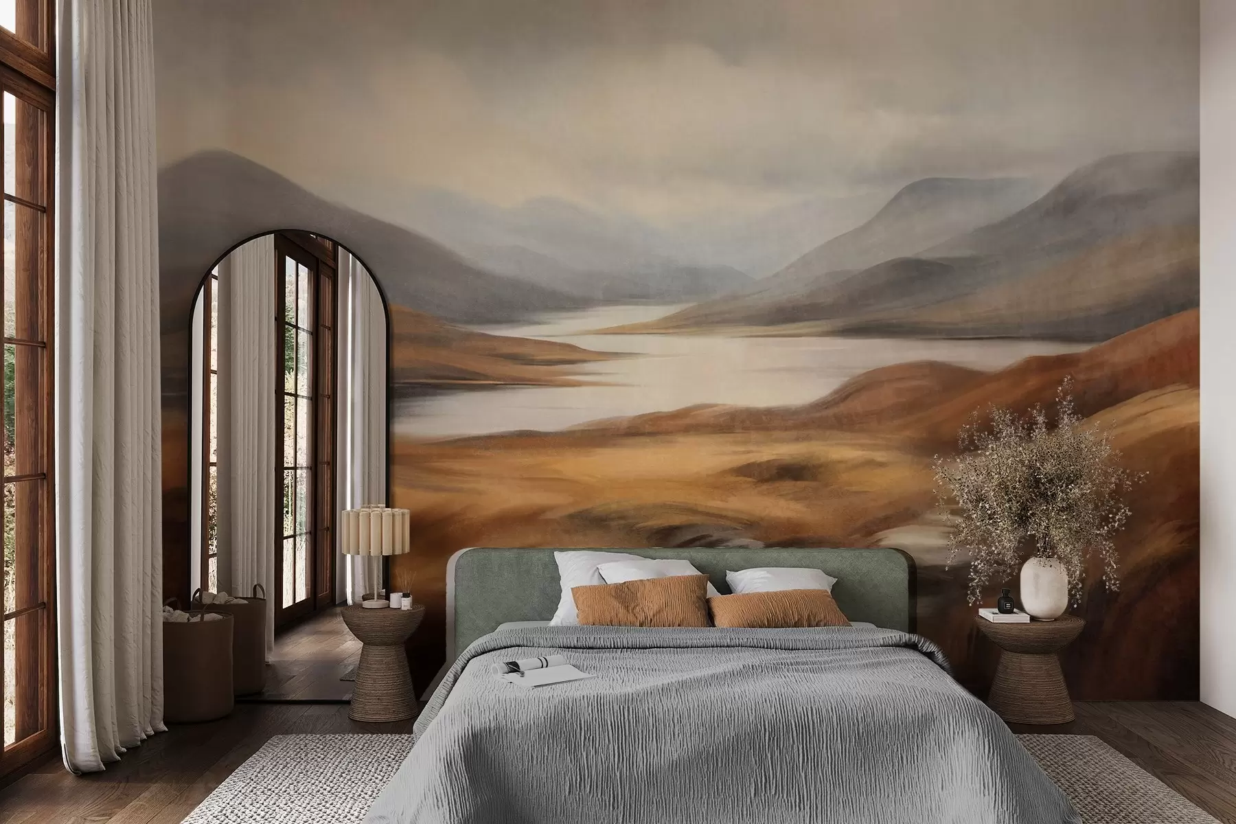 wall murals Текстурирани пејзаж, језеро окружено брдима и планинама под облачним небом са сувом травом w09756