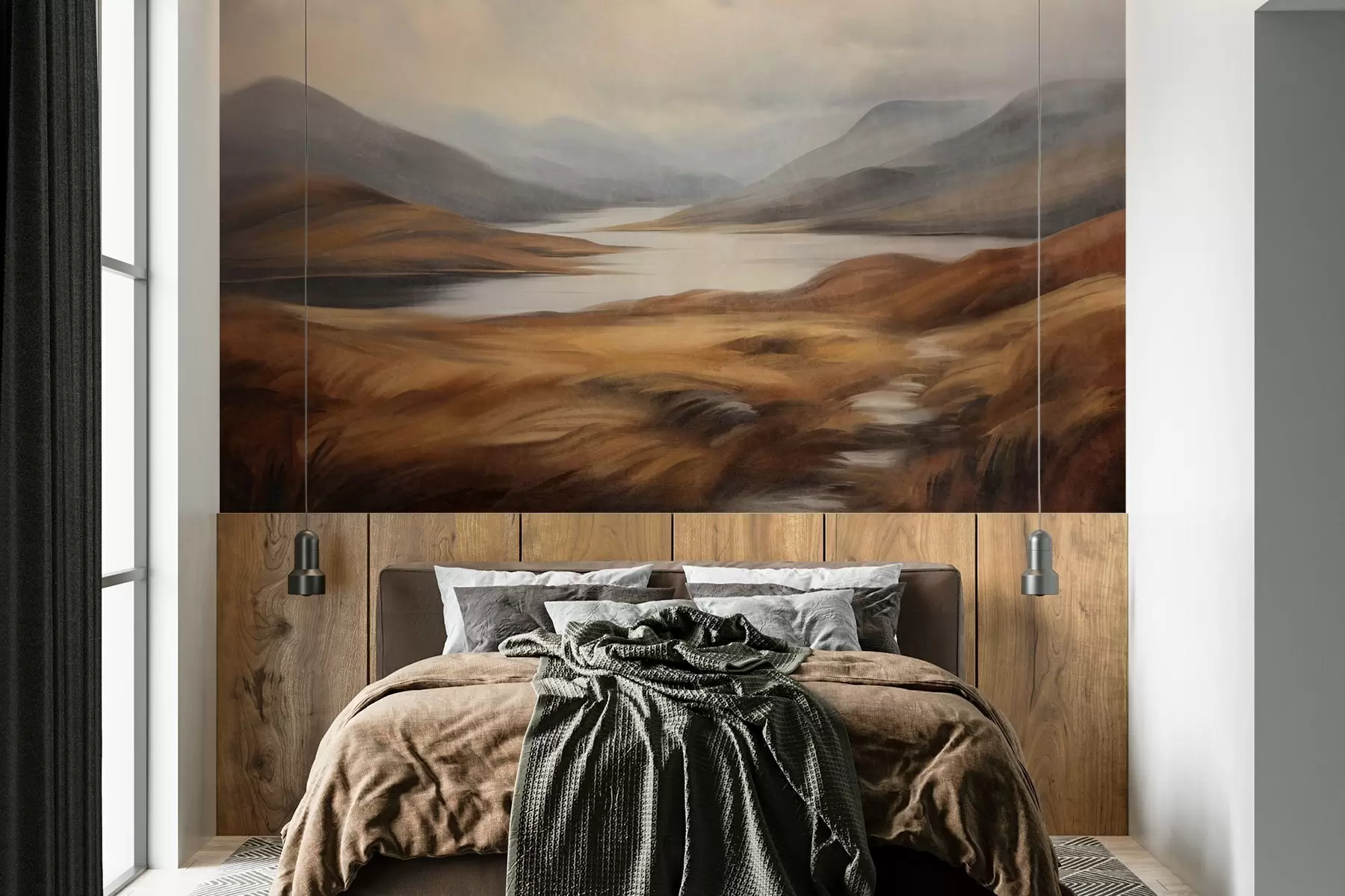 wall murals Текстурирани пејзаж, језеро окружено брдима и планинама под облачним небом са сувом травом w09756