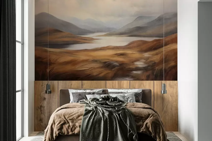 wall murals Текстурирани пејзаж, језеро окружено брдима и планинама под облачним небом са сувом травом w09756