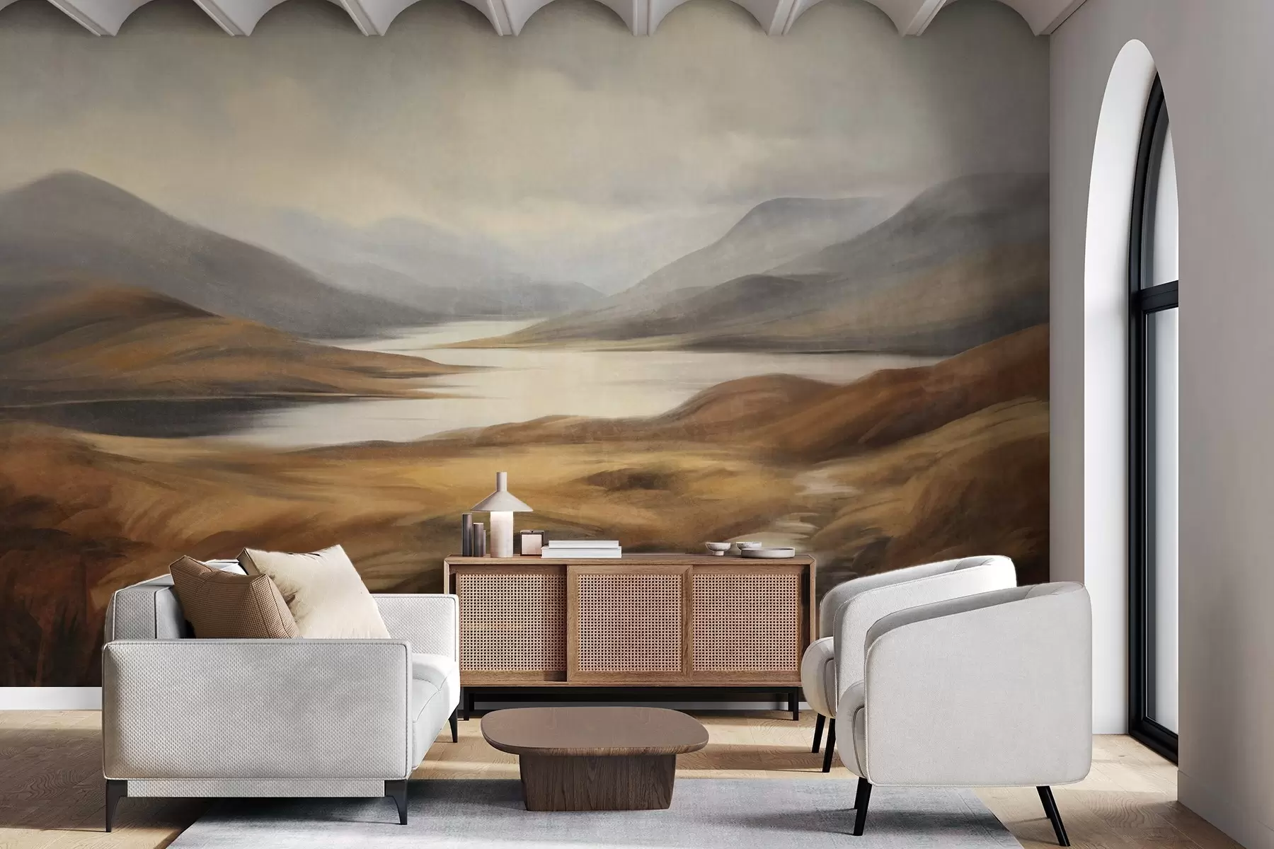 wall murals Текстурирани пејзаж, језеро окружено брдима и планинама под облачним небом са сувом травом w09756