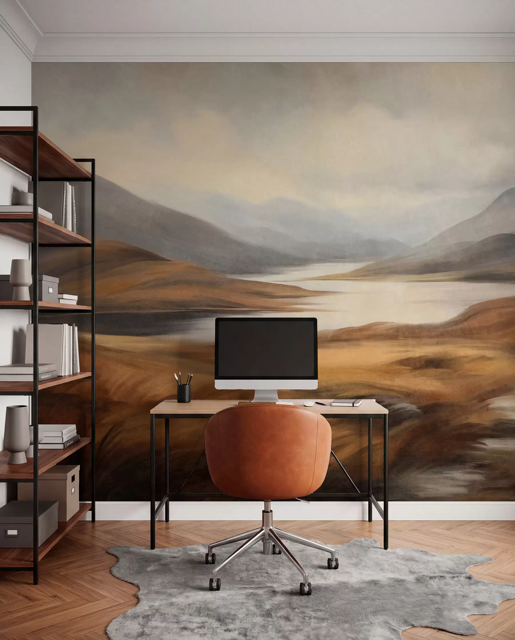 wall murals Текстурирани пејзаж, језеро окружено брдима и планинама под облачним небом са сувом травом w09756
