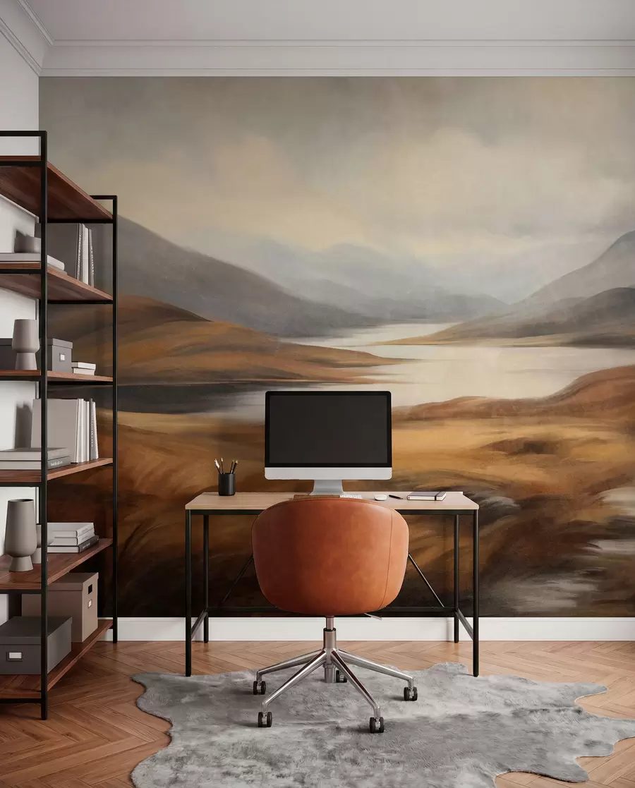 wall murals Текстурирани пејзаж, језеро окружено брдима и планинама под облачним небом са сувом травом w09756