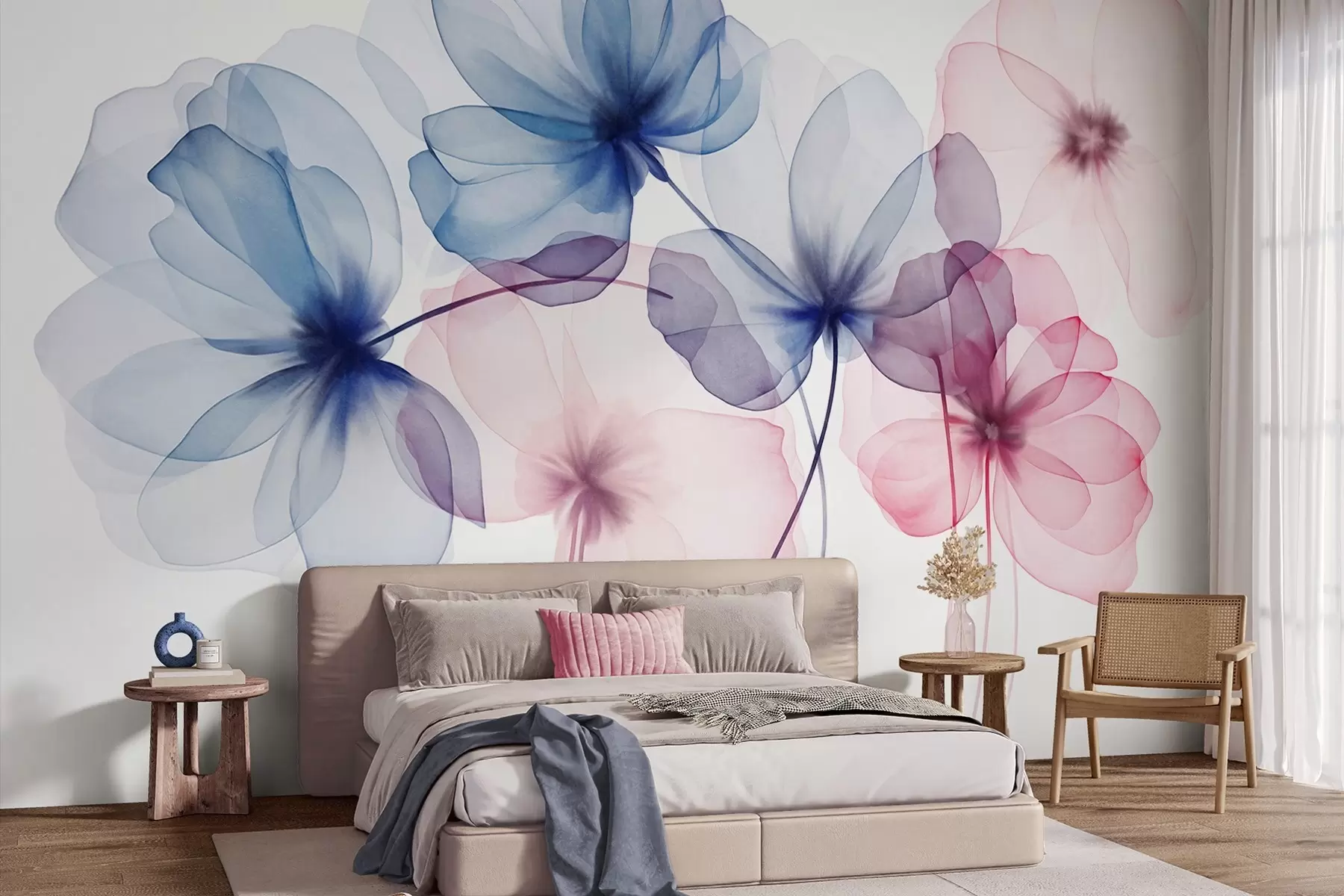 wall murals Прозирно текстурирано плаво и ружичасто цвеће на светлој позадини, нежне латице се преклапају w09892