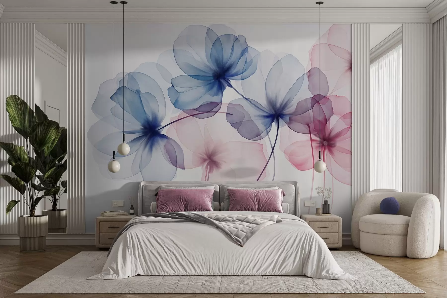 wall murals Прозирно текстурирано плаво и ружичасто цвеће на светлој позадини, нежне латице се преклапају w09892