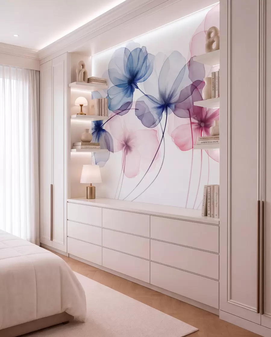 wall murals Прозирно текстурирано плаво и ружичасто цвеће на светлој позадини, нежне латице се преклапају w09892