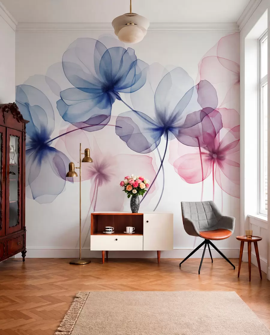 wall murals Прозирно текстурирано плаво и ружичасто цвеће на светлој позадини, нежне латице се преклапају w09892