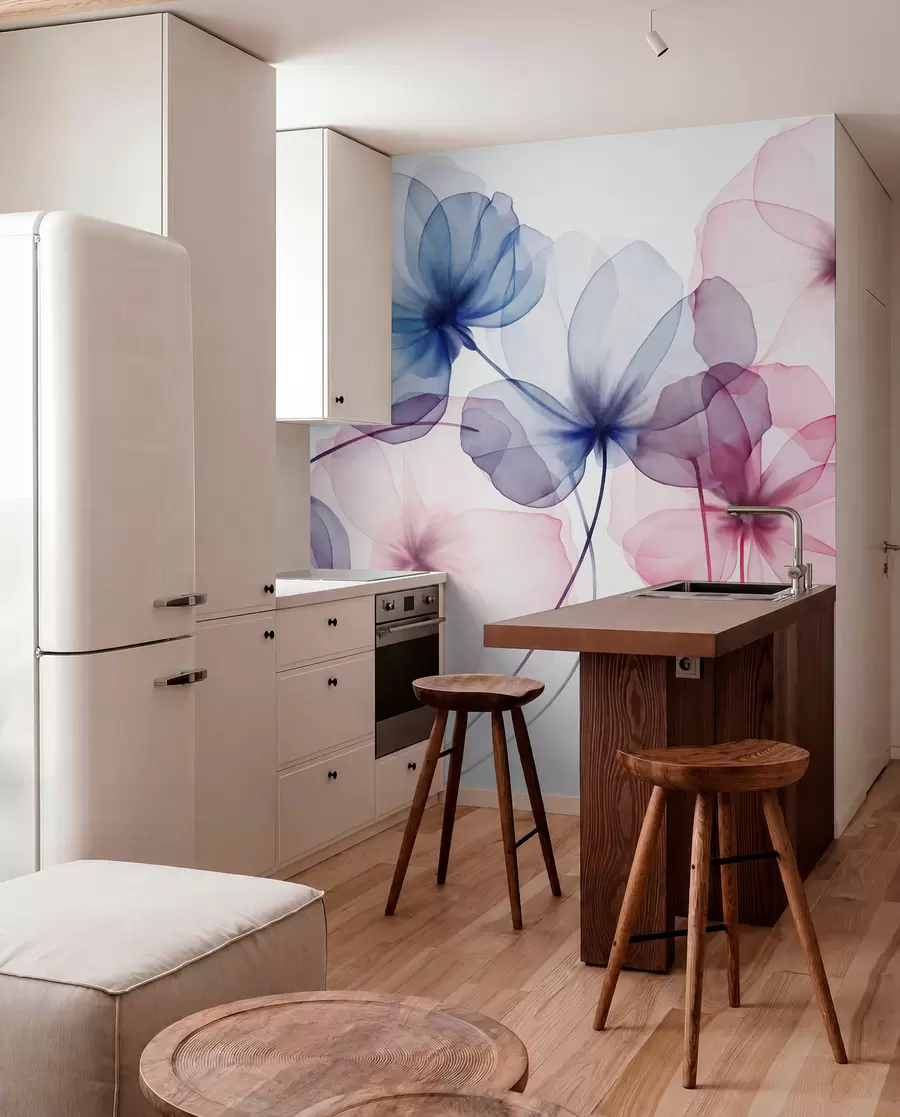 wall murals Прозирно текстурирано плаво и ружичасто цвеће на светлој позадини, нежне латице се преклапају w09892