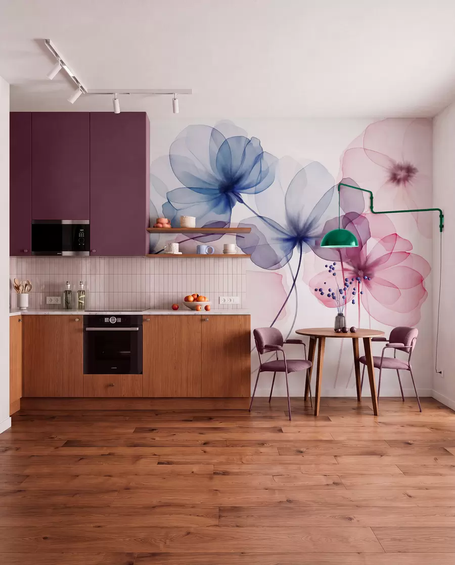 wall murals Прозирно текстурирано плаво и ружичасто цвеће на светлој позадини, нежне латице се преклапају w09892