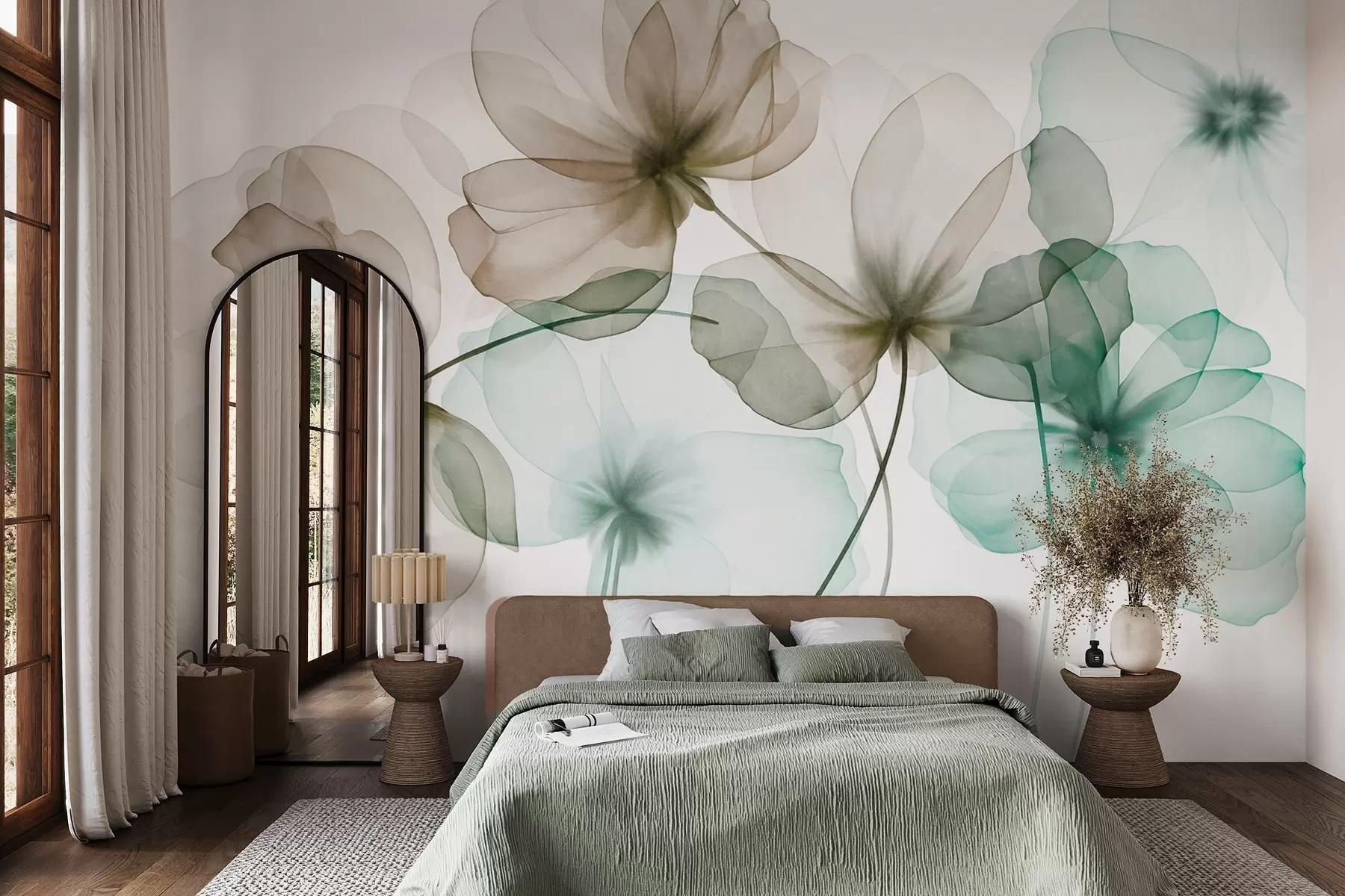 wall murals Прозирно текстурирано зелено и смеђе цвеће на светлој позадини, нежне латице се преклапају w09892v1