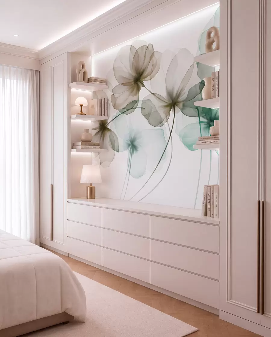 wall murals Прозирно текстурирано зелено и смеђе цвеће на светлој позадини, нежне латице се преклапају w09892v1