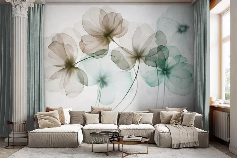 wall murals Прозирно текстурирано зелено и смеђе цвеће на светлој позадини, нежне латице се преклапају w09892v1
