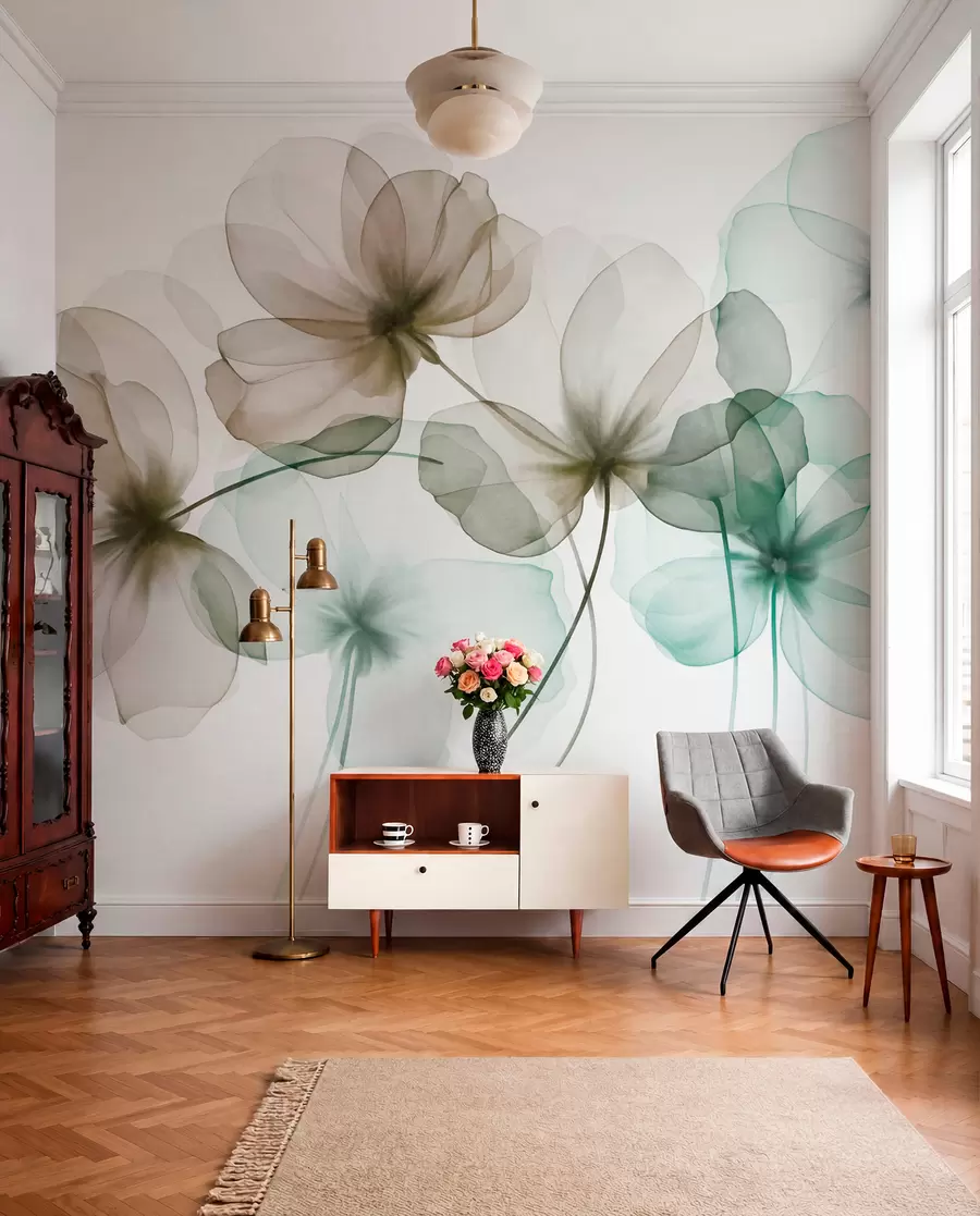 wall murals Прозирно текстурирано зелено и смеђе цвеће на светлој позадини, нежне латице се преклапају w09892v1
