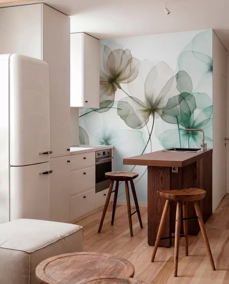 wall murals Прозирно текстурирано зелено и смеђе цвеће на светлој позадини, нежне латице се преклапају w09892v1