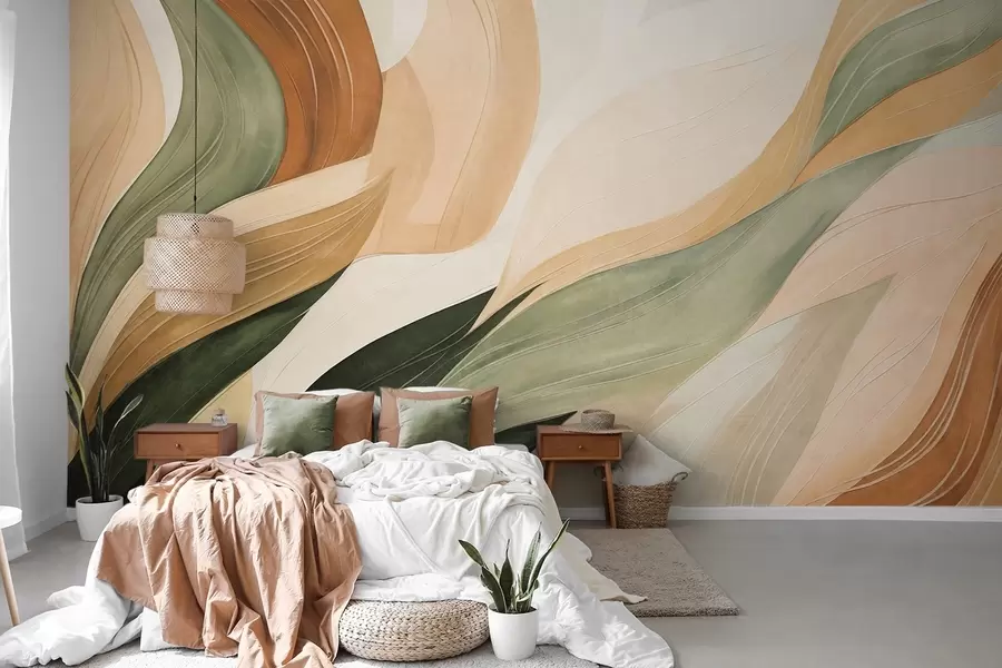 wall murals Апстрактни органски облици у земљаним тоновима зелене, браон и беж боје са текућим текстурама w09894