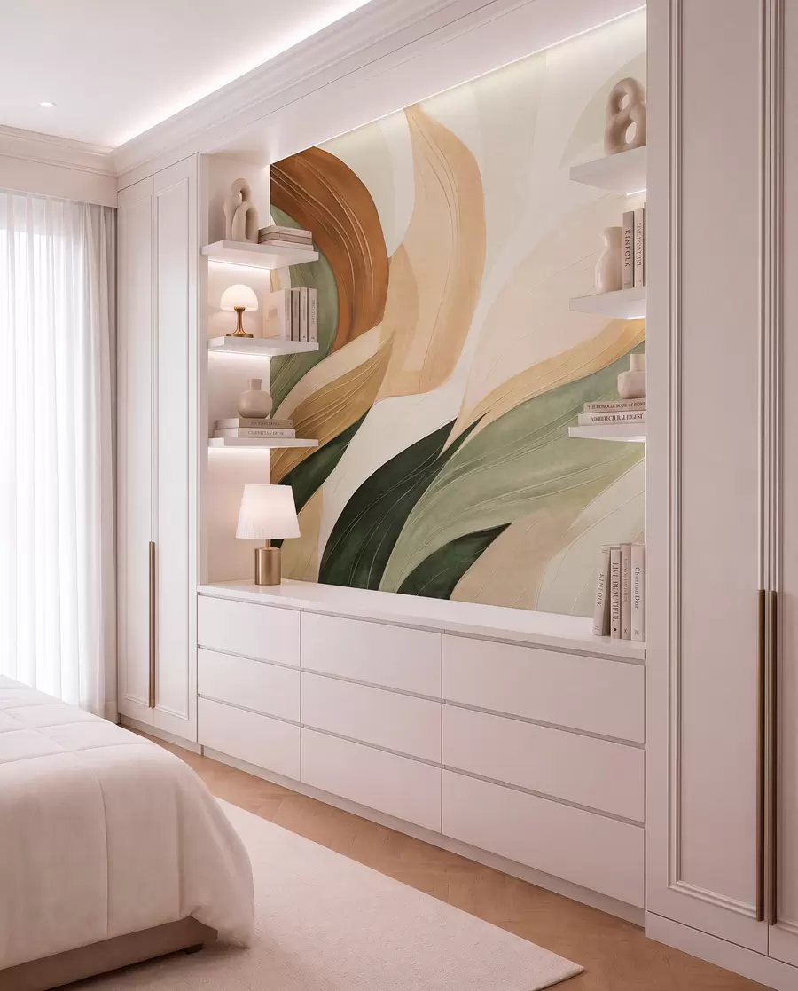 wall murals Апстрактни органски облици у земљаним тоновима зелене, браон и беж боје са текућим текстурама w09894