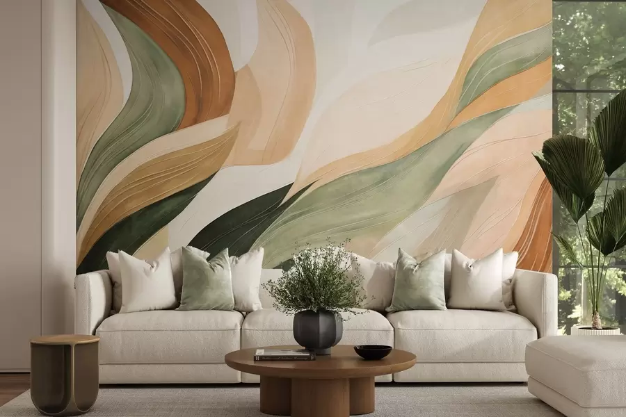 wall murals Апстрактни органски облици у земљаним тоновима зелене, браон и беж боје са текућим текстурама w09894