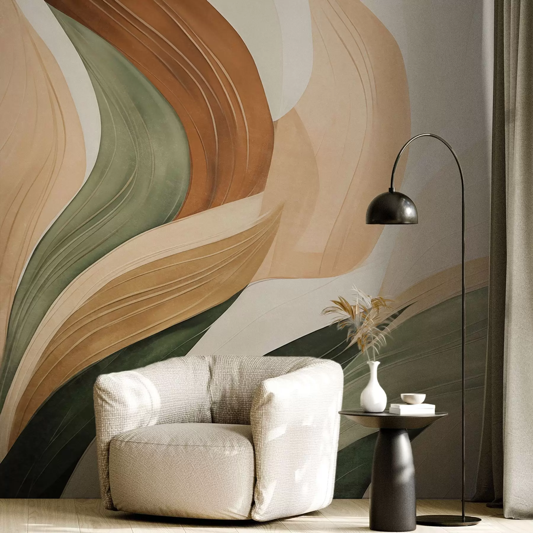 wall murals Апстрактни органски облици у земљаним тоновима зелене, браон и беж боје са текућим текстурама w09894