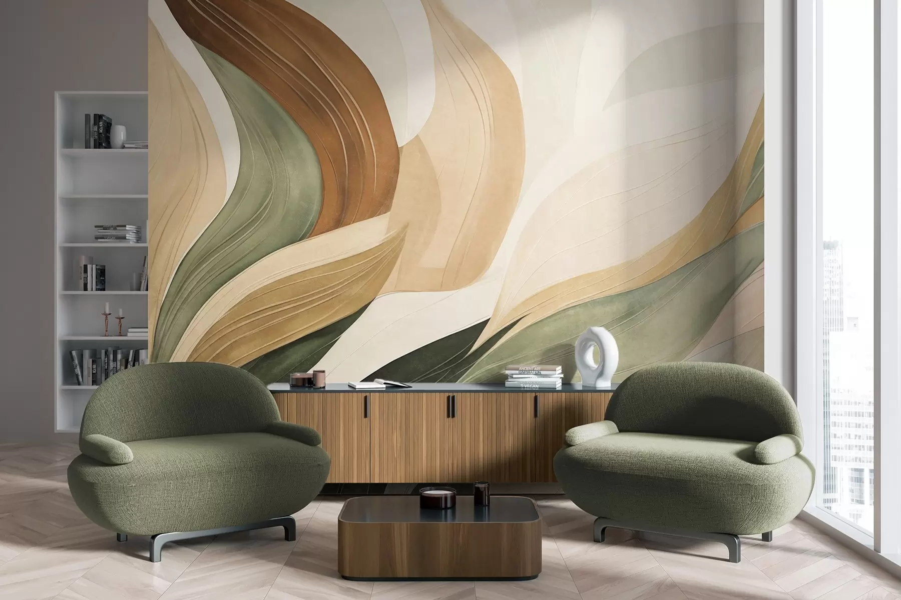 wall murals Апстрактни органски облици у земљаним тоновима зелене, браон и беж боје са текућим текстурама w09894