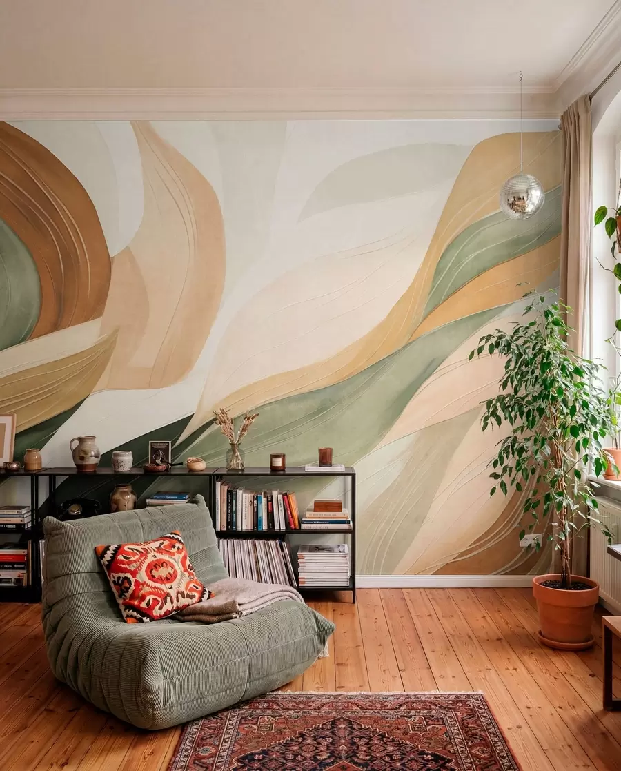 wall murals Апстрактни органски облици у земљаним тоновима зелене, браон и беж боје са текућим текстурама w09894