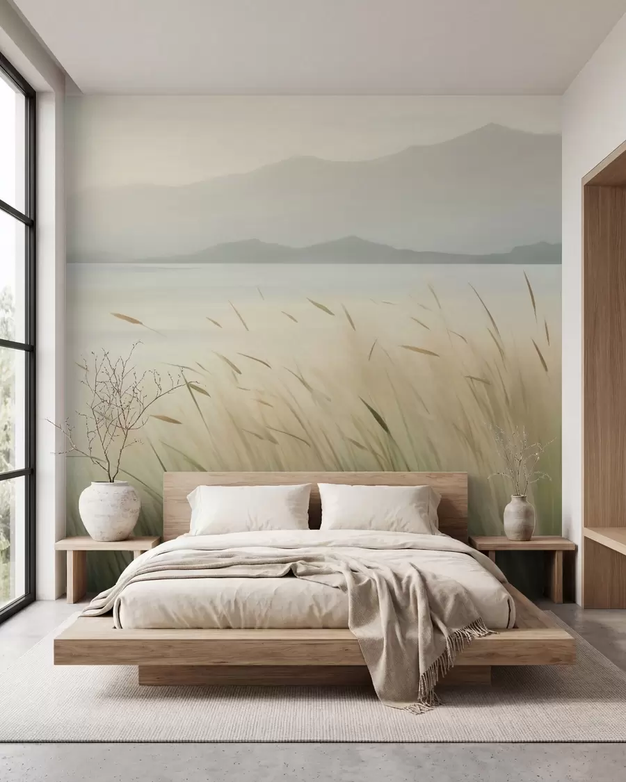 wall murals Трава поред језера са планинама у позадини w05668
