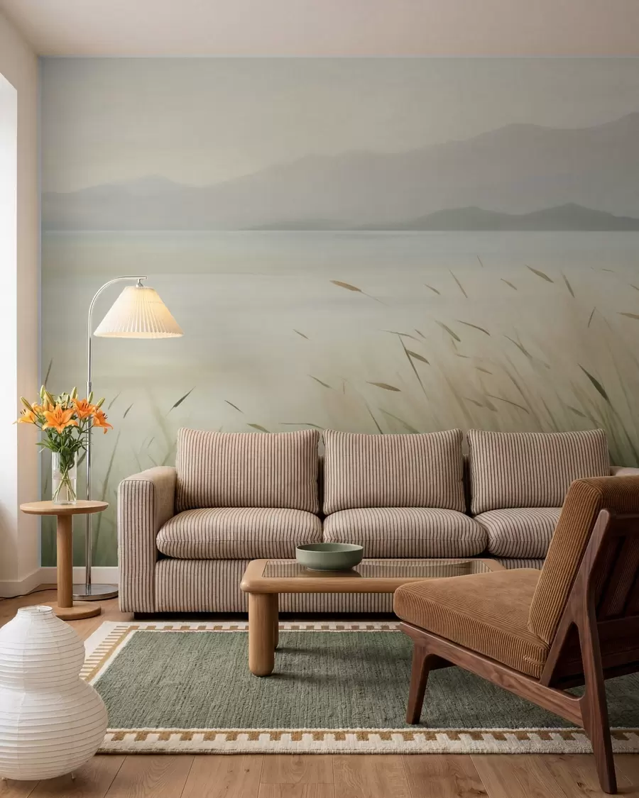 wall murals Трава поред језера са планинама у позадини w05668