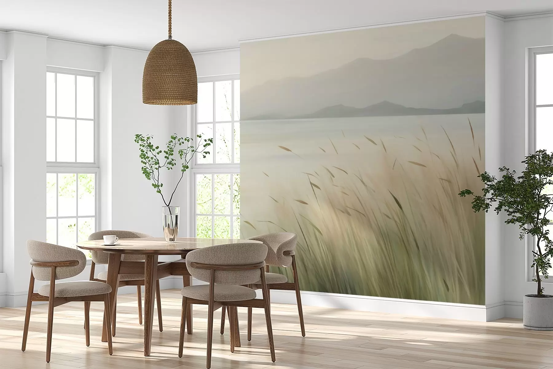 wall murals Трава поред језера са планинама у позадини w05668
