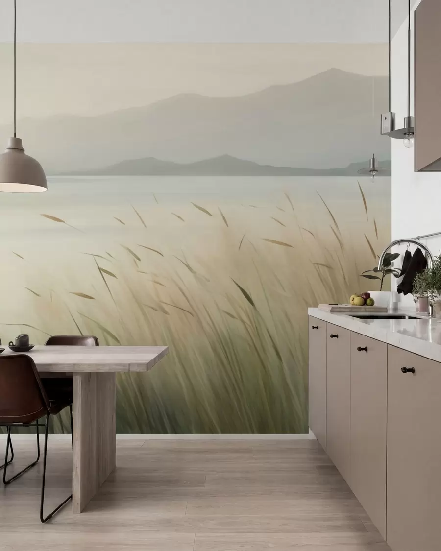 wall murals Трава поред језера са планинама у позадини w05668