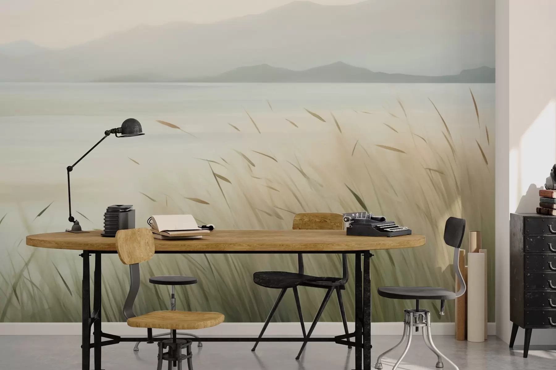 wall murals Трава поред језера са планинама у позадини w05668