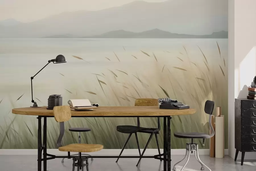 wall murals Трава поред језера са планинама у позадини w05668