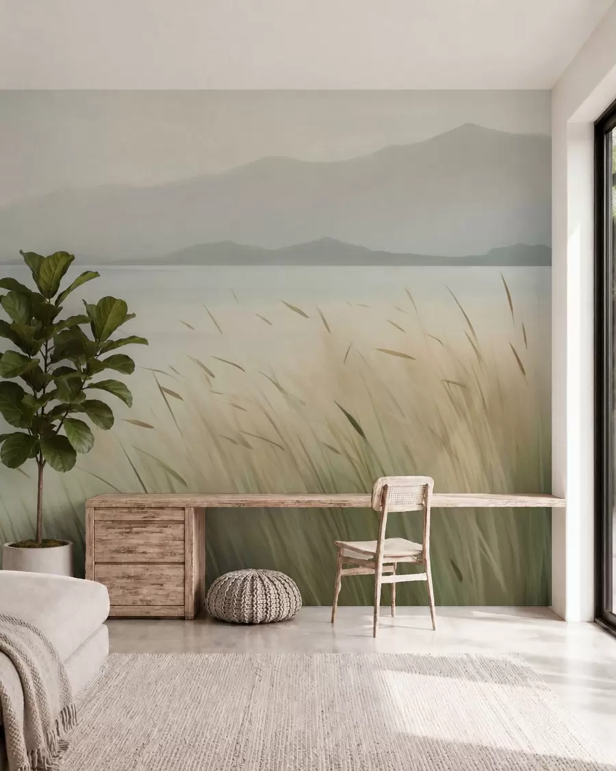 wall murals Трава поред језера са планинама у позадини w05668
