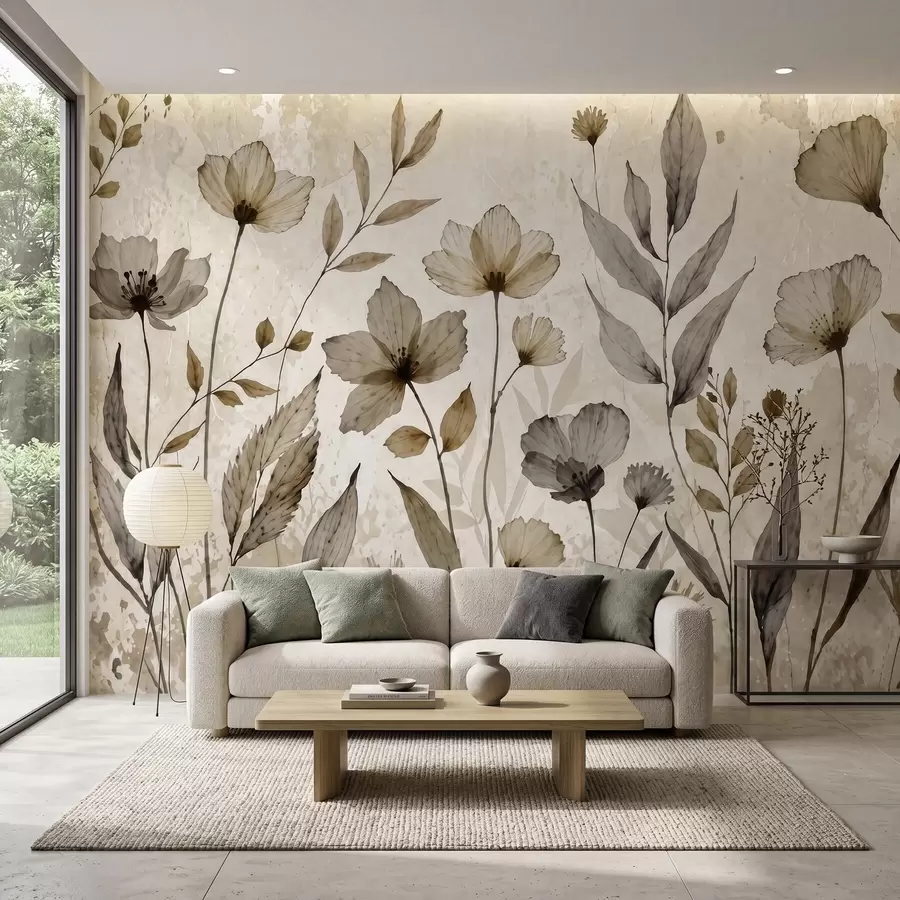 wall murals Нежно акварелно дивље цвеће у мекој беж и крем палети w09875