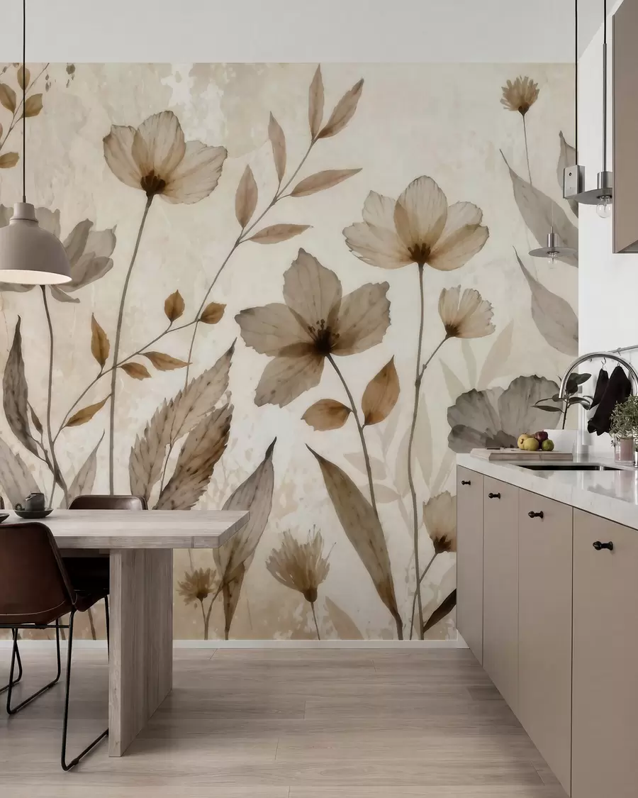 wall murals Нежно акварелно дивље цвеће у мекој беж и крем палети w09875
