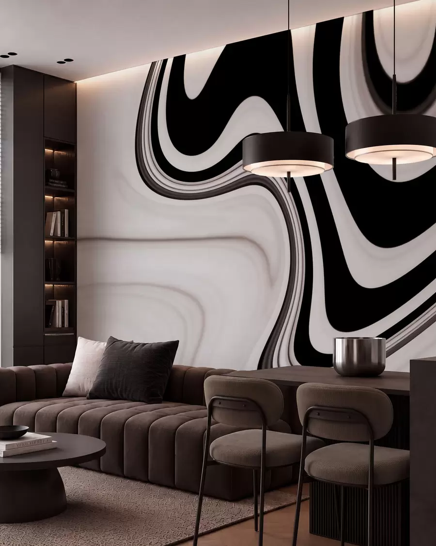 wall murals Апстрактни зидни мурал са текућим црно-белим таласима у модерном минималистичком стилу w09877