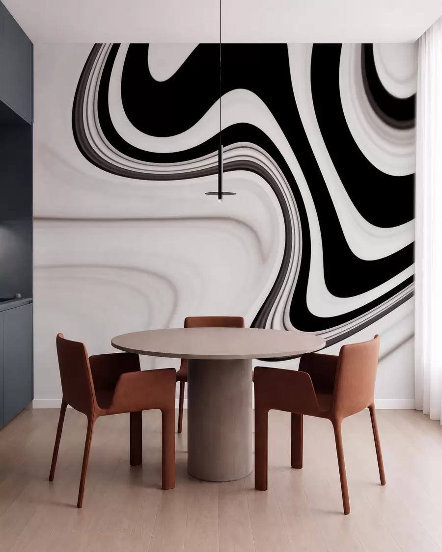 wall murals Апстрактни зидни мурал са текућим црно-белим таласима у модерном минималистичком стилу w09877