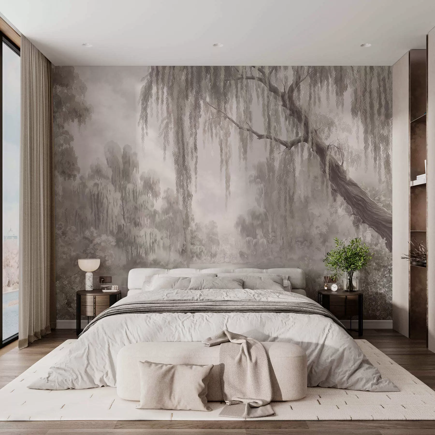 wall murals Монохромна сцена са врбама изнад мирне воде w05631
