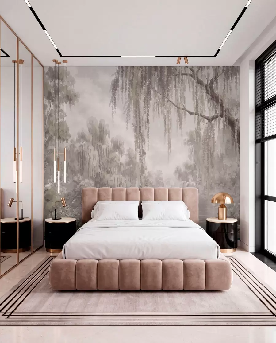 wall murals Монохромна сцена са врбама изнад мирне воде w05631
