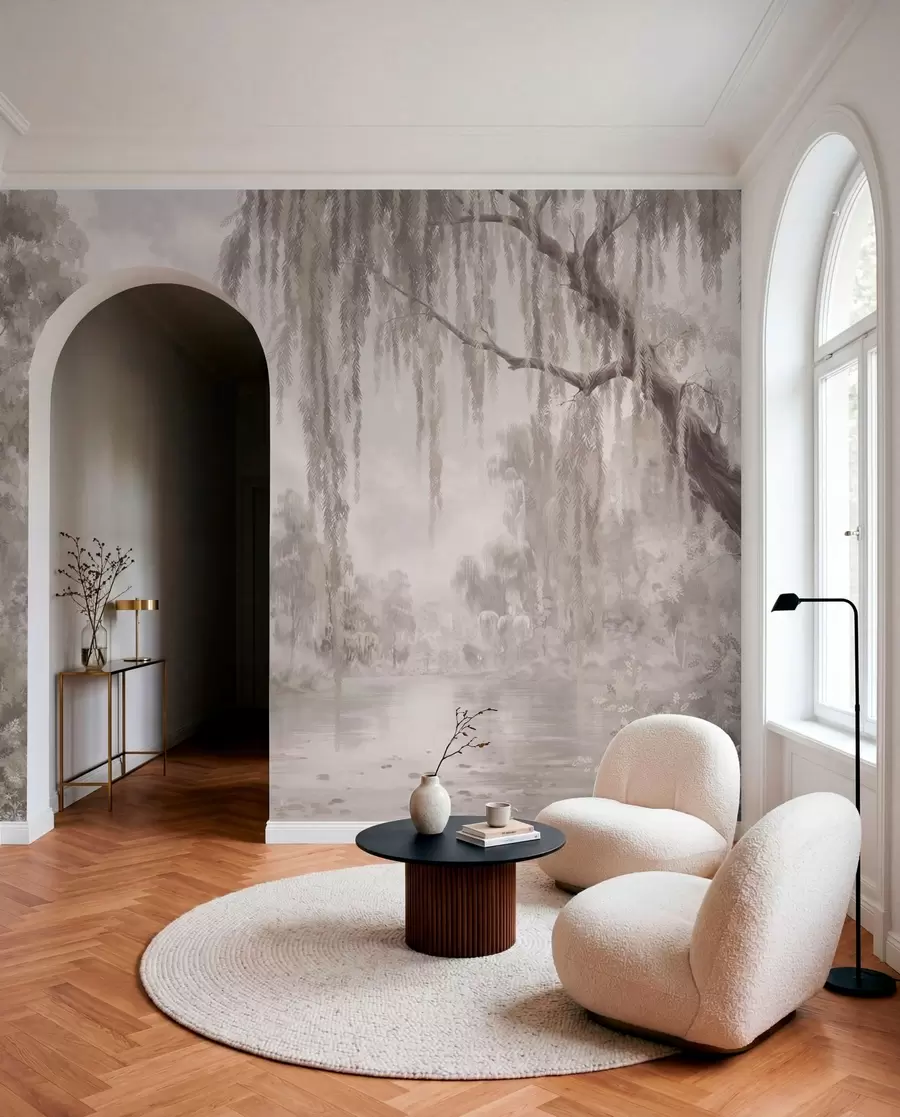 wall murals Монохромна сцена са врбама изнад мирне воде w05631