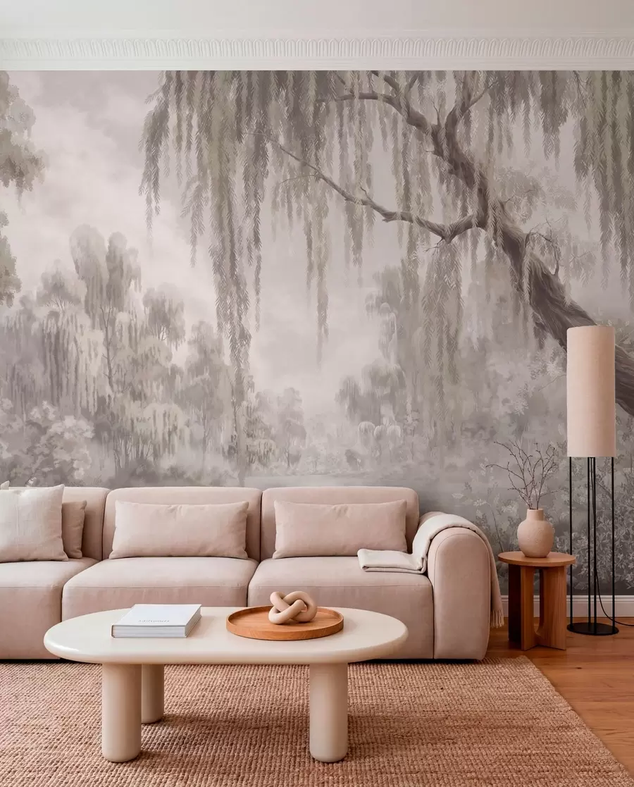 wall murals Монохромна сцена са врбама изнад мирне воде w05631