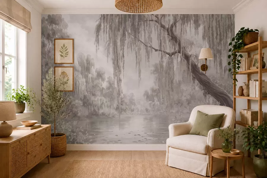 wall murals Монохромна сцена са врбама изнад мирне воде w05631