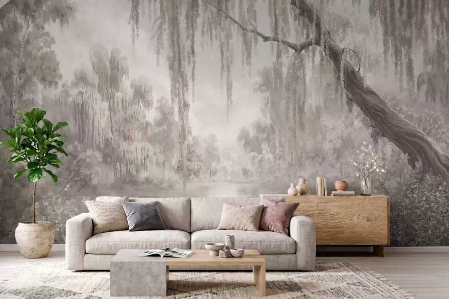 wall murals Монохромна сцена са врбама изнад мирне воде w05631