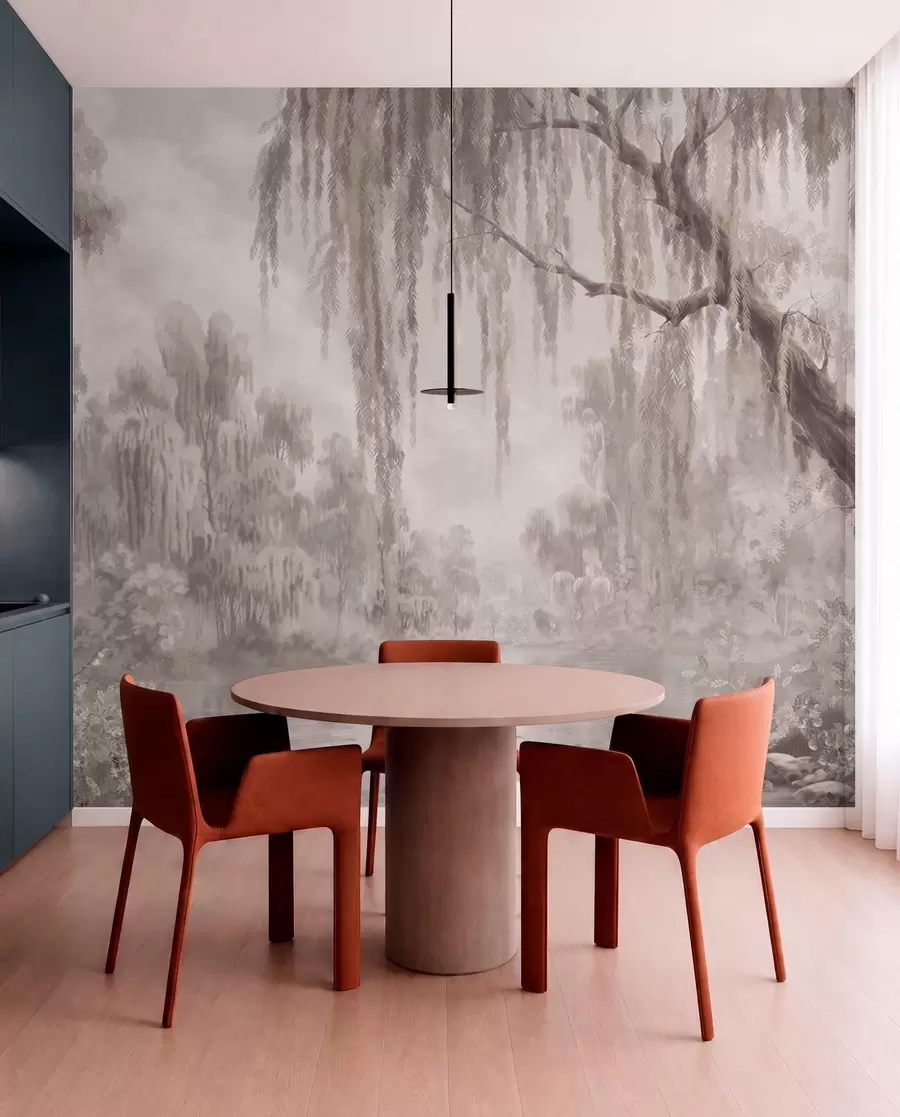 wall murals Монохромна сцена са врбама изнад мирне воде w05631