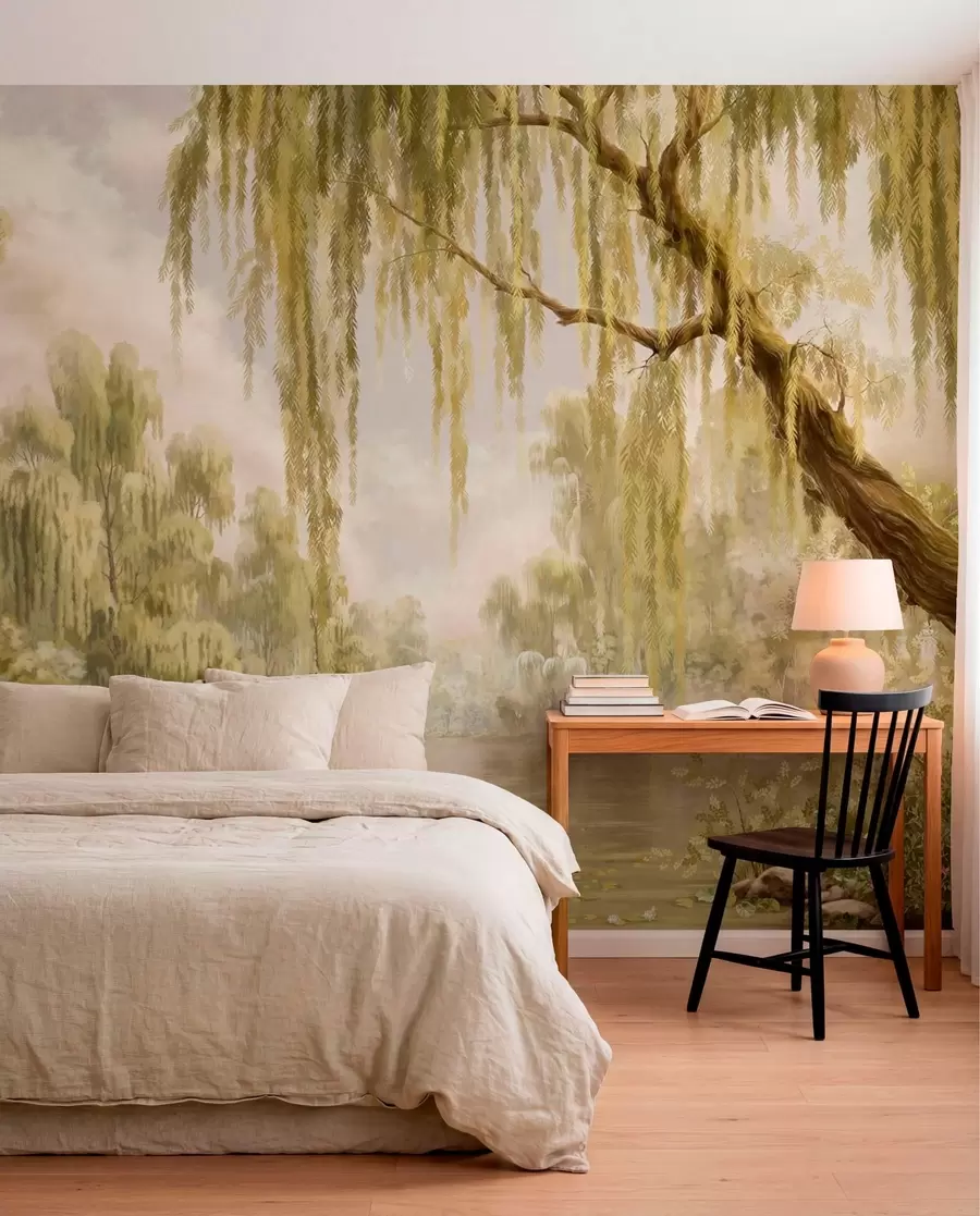wall murals Сунцем обасјан призор са врбама поред мирног језера w05631v1