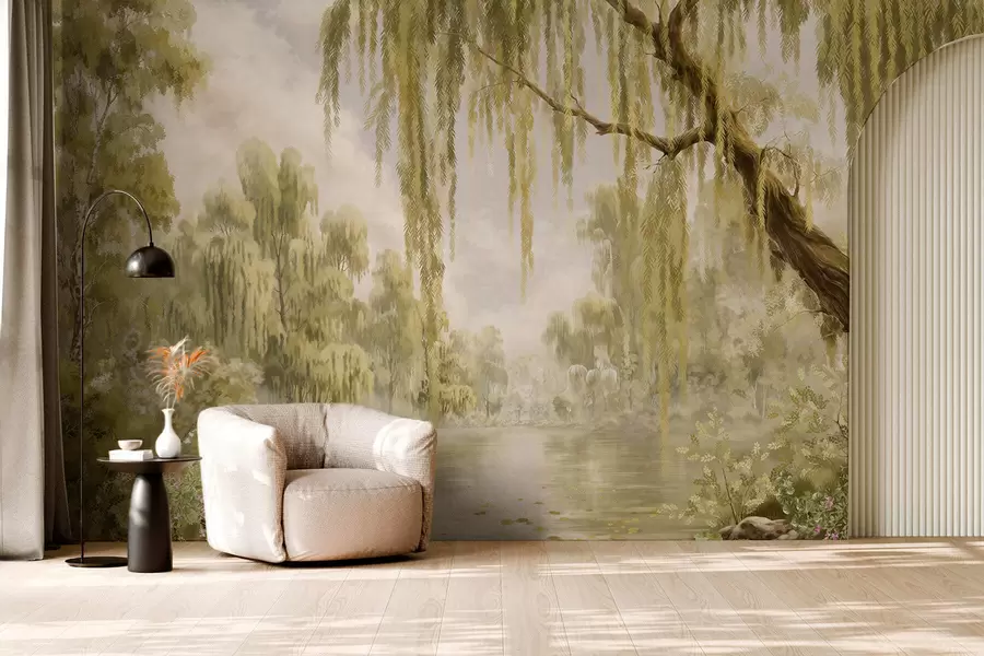wall murals Сунцем обасјан призор са врбама поред мирног језера w05631v1
