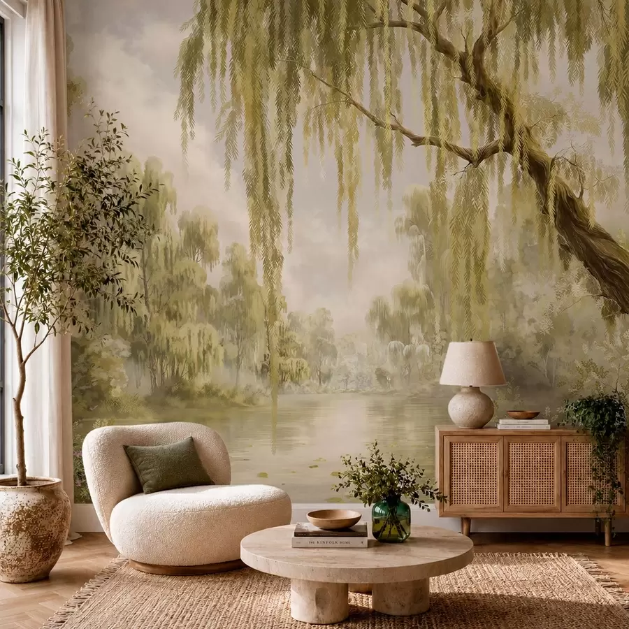 wall murals Сунцем обасјан призор са врбама поред мирног језера w05631v1