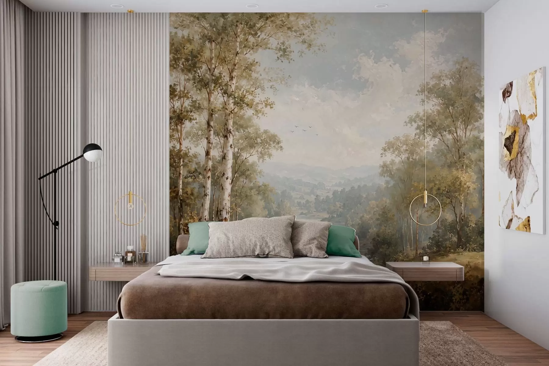 wall murals Светли речни пејзаж са брезама и облацима w05685